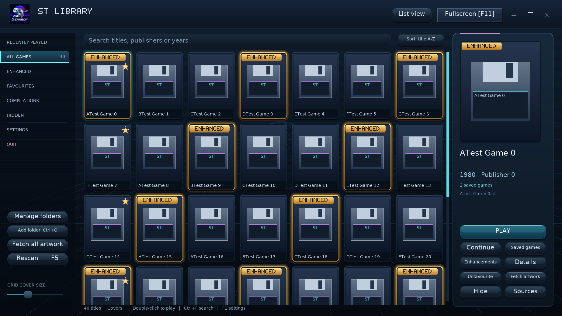 Current SemaTor desktop library, with gold Enhanced badges, folders and artwork controls