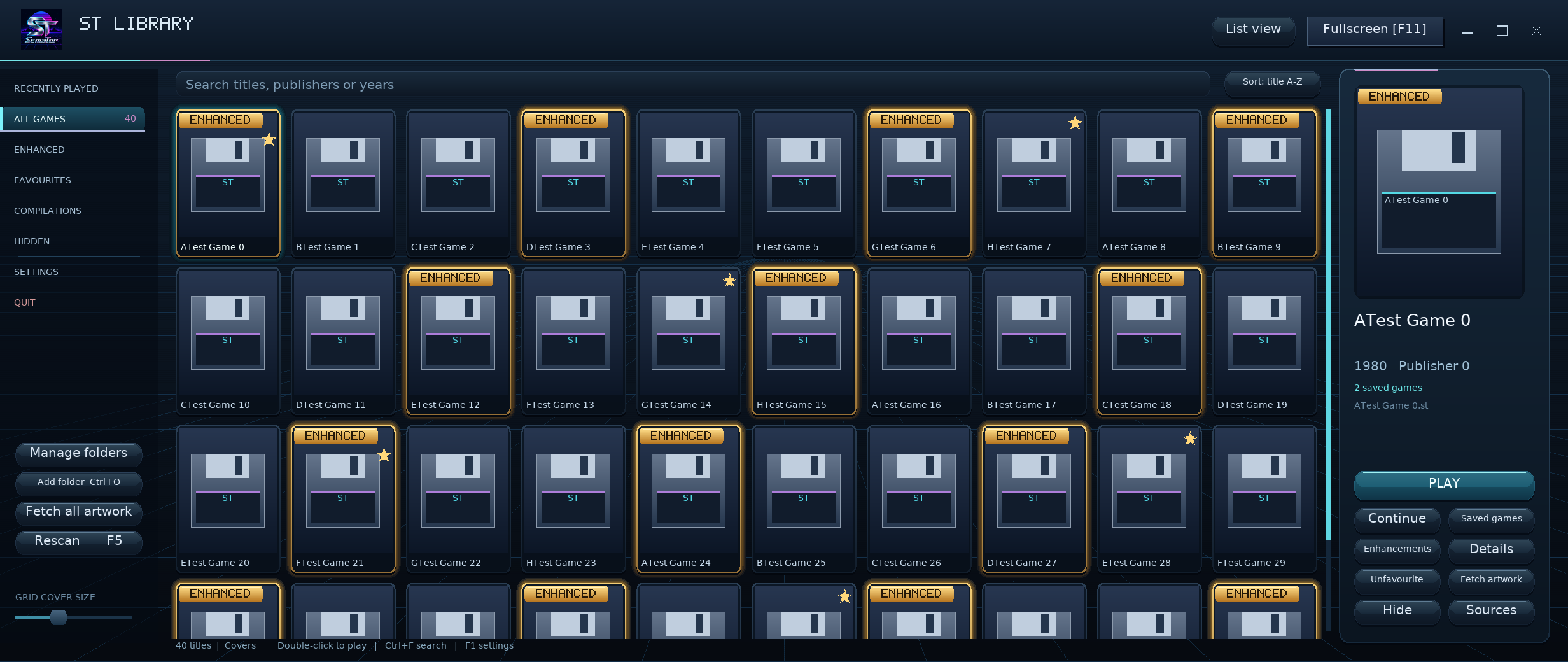 The desktop library on an ultrawide layout with sample entries