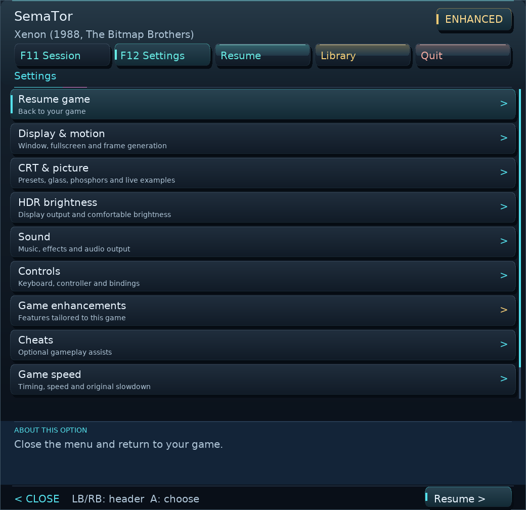 SemaTor F12 settings with picture, sound and enhancement categories